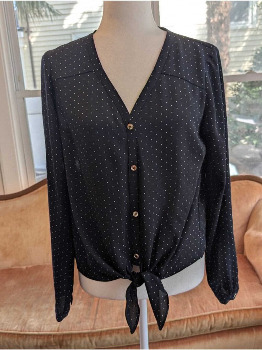 Women's Navy Blue White Polka Dot Long Sleeve Blouse The Limited Size M Casual